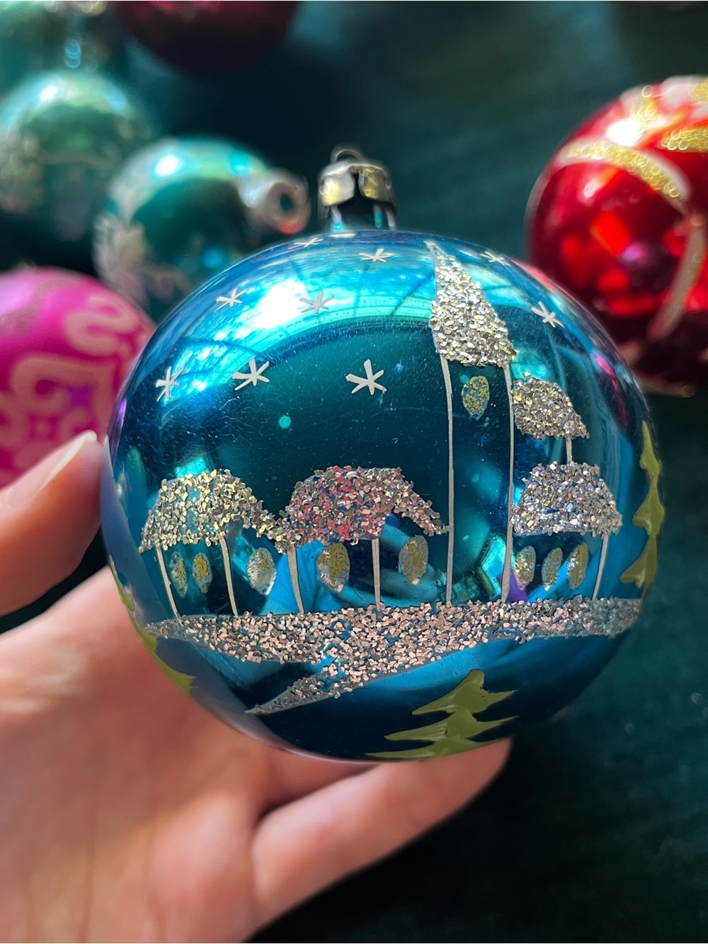 Vintage Jumbo Poland Glass Christmas Ornament Xmas Santa blue glitter tree town